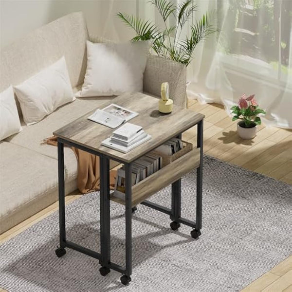 GreenForest Small Folding Desk with Storage Shelf,80 cm Computer Rolling Desk on Wheels Easy Assembly,Foldable desk for Small Space,Grey Wash