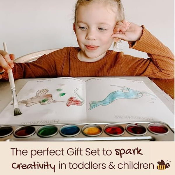 Honeysticks Non Toxic Watercolour Paint Set for Kids and Toddlers - 8 Vibrant and Long Lasting Colours with Brush - Natural and Food Grade Ingredients - Child Safe Art Supplies - Great Gift Idea