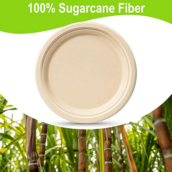 GREENESAGE Rigid 10 inch 100 Pack Disposable Paper Brown Plates Sugarcane Large Strong Dishes for Picnic Wedding Party BBQ