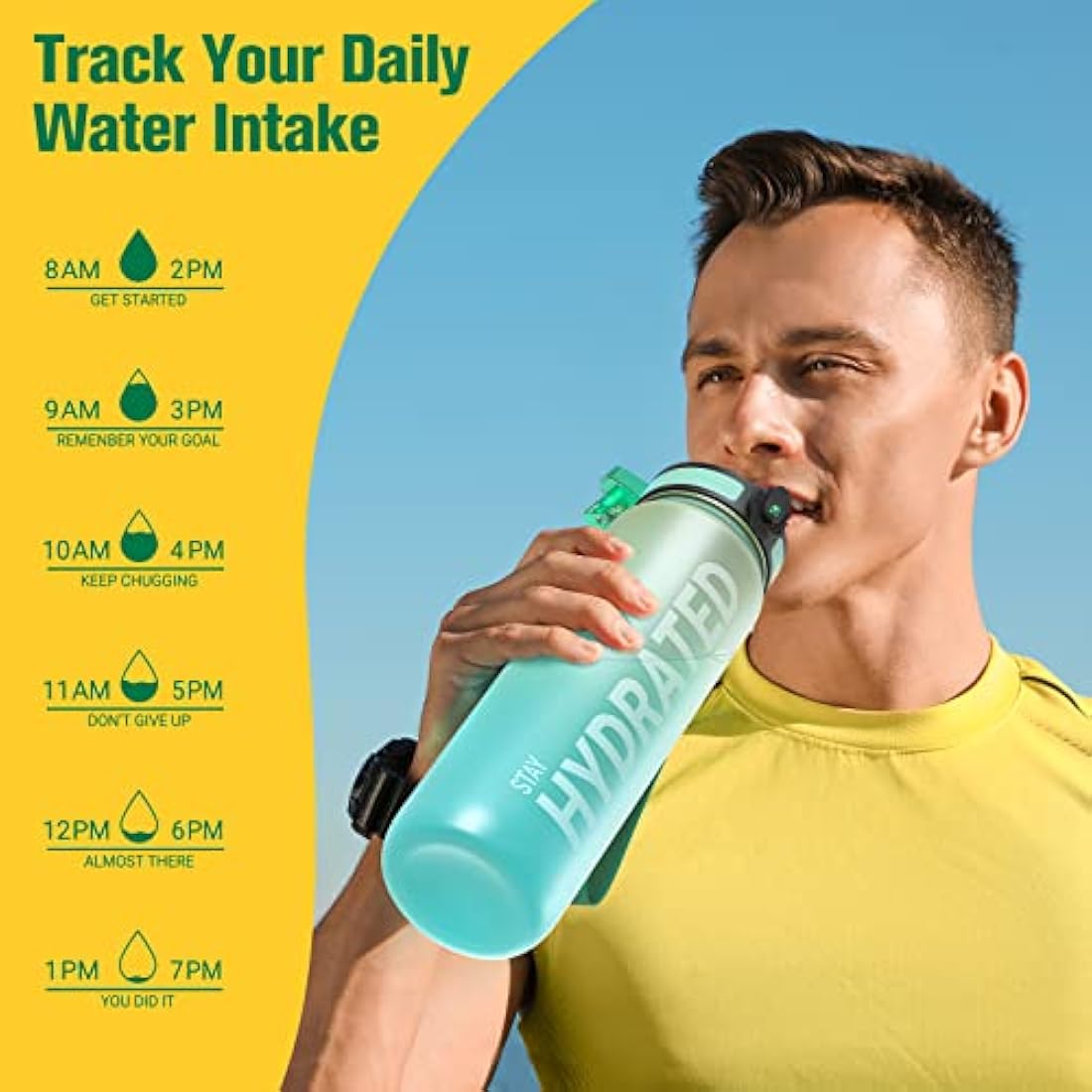 Sahara Sailor Leakproof Water Bottle 1L/500ML/750ML, Tritan BPA Free Motivational Sport Drinks Bottle with Clear Time Marker, Lock Cover, Easy Clean Brush, Durable for Gym, School, Cycling (1 Bottle)