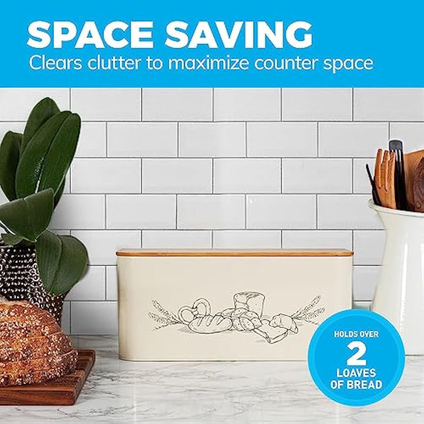 Extra Large Space Saving Vertical Cream Bread Bin with Eco Bamboo Cutting Board Lid - Holds 2 Loaves - White Extra Large Farmhouse Bread Bins for Kitchen Bread Storage Box