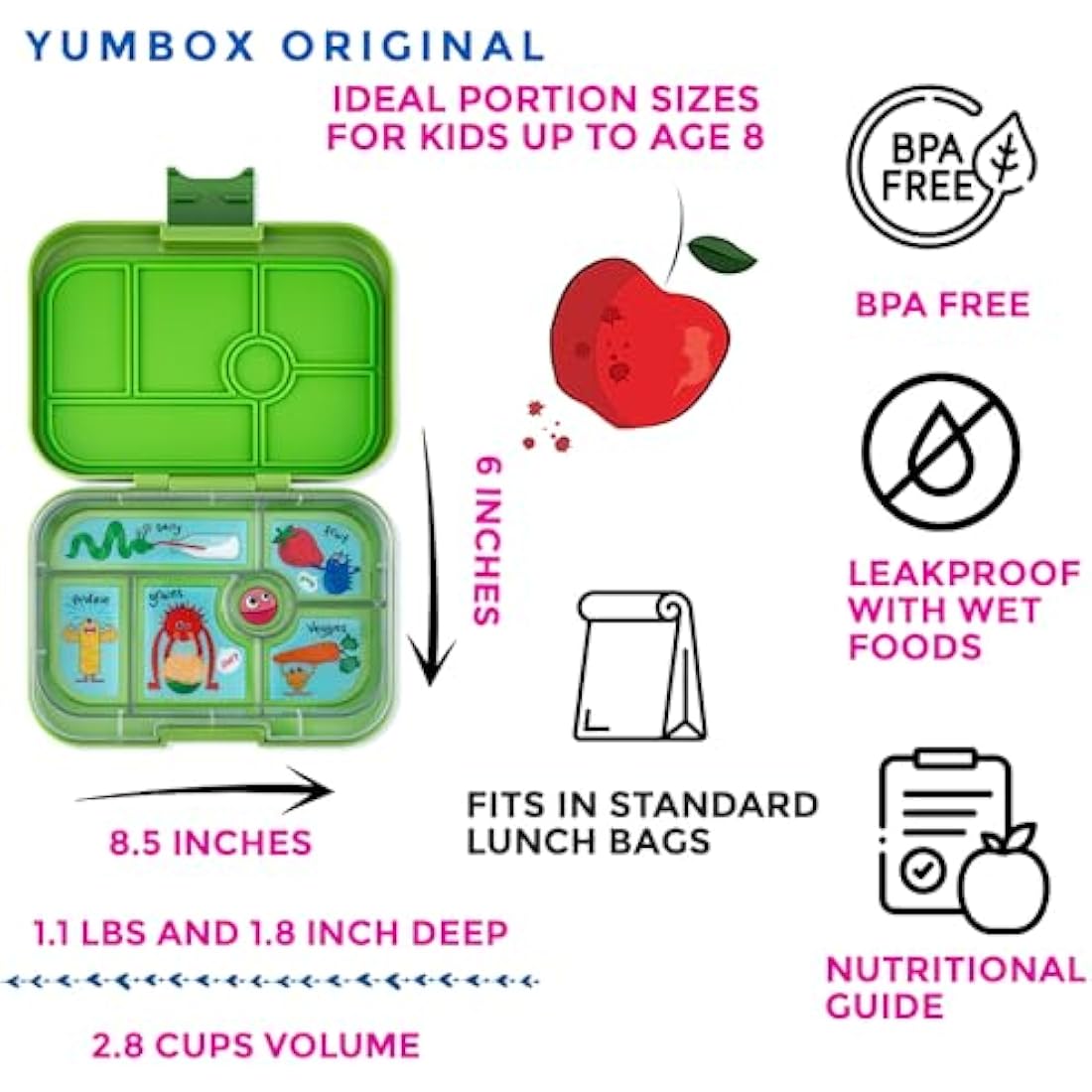 yumbox Original Leakproof Kids Bento Lunch Box, 5 Compartments + Dip Well, Easy-Open Latch, Portion Control, Removable Illustrated Tray, Ages 3-7 (Jurassic Green (Funny Monsters Tray))
