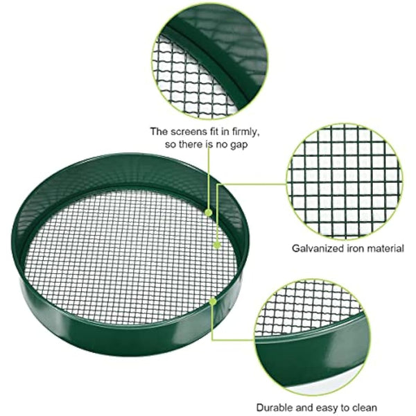 johgee Garden Sieve Metal, Soil Sieve, Garden Riddle Mesh Sizes 12mm/9mm/6mm/3mm, Gardening Sieve for Soil and Stones Large, Equipped with a Shovel and a Rake