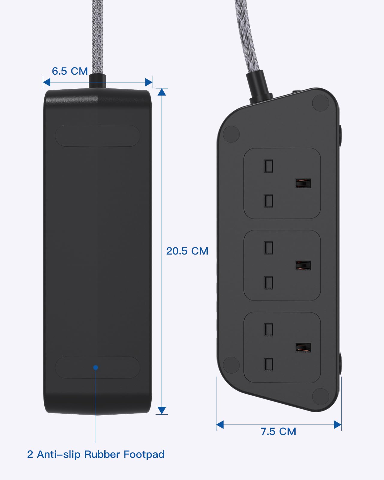Black Extension Lead with USB Slots，6 Way Outlets 5 USB(5A, 1 USB- C and 4 USB-A Port) with 1.6M Braided Extension cord, 3250W Overload Protection，Security Surge Protection Plug Extension Socket