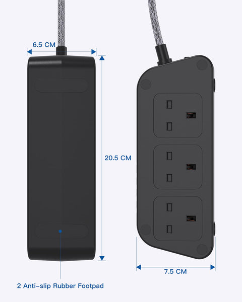 Black Extension Lead with USB Slots，6 Way Outlets 5 USB(5A, 1 USB- C and 4 USB-A Port) with 1.6M Braided Extension cord, 3250W Overload Protection，Security Surge Protection Plug Extension Socket