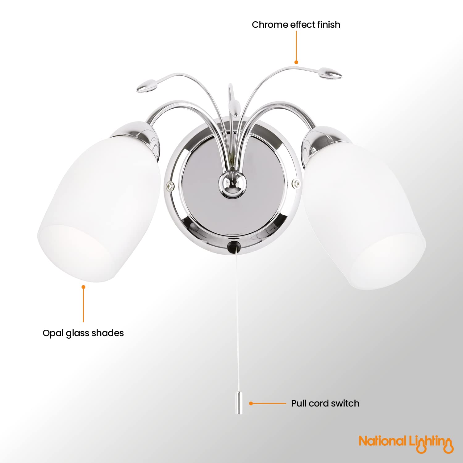 Albert Decorative Wall Light  Dimmable Indoor Home Lights - Wall Light With Pull Chord Switch  Led Sconce 40W Twin Wall Lamp  IP44 Rated Hallway