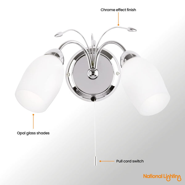 Albert Decorative Wall Light  Dimmable Indoor Home Lights - Wall Light With Pull Chord Switch  Led Sconce 40W Twin Wall Lamp  IP44 Rated Hallway