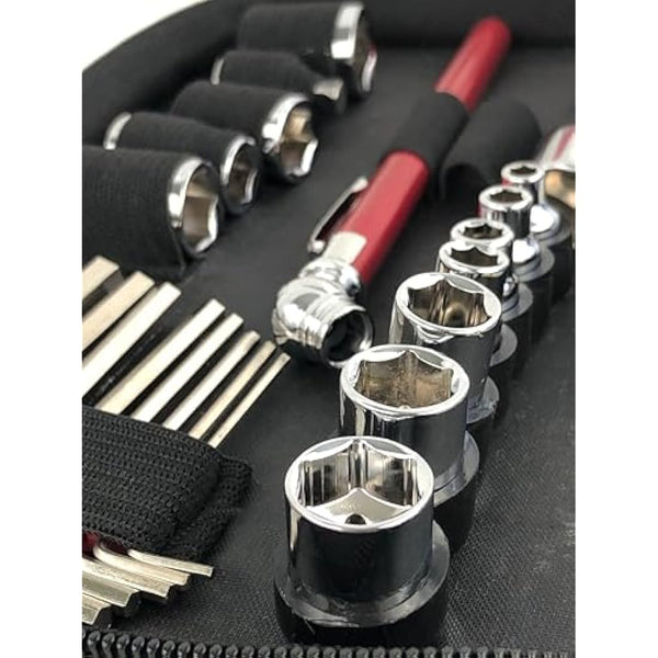 Apollo Tools 56 Piece Compact Metric Auto Tool Set in Zippered Case, Small Mechanic Tool Set for Car, Motorcycle Repair on The Road, Great for Travel - Red - DT9775