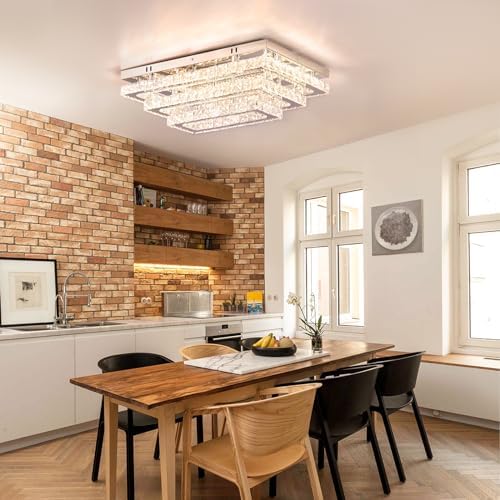 Finktonglan Modern Crystal LED Ceiling Light FIxtures 20” Dimmable Rectangular Flush Mount Chandelier Ceiling Lights 3-Tiers Stainless Steel Ceiling Lamp Fixtures for Living Room Bedroom Dining Room
