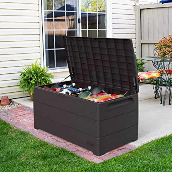 Duramax Cedargrain Durabox 416 Litre/ 110 Gallons, Outdoor Plastic Deck Box and Garden Furniture Organizer, Woodgrain Texture, Lockable Plastic Cushion Box with gas cylinder, Dark Brown