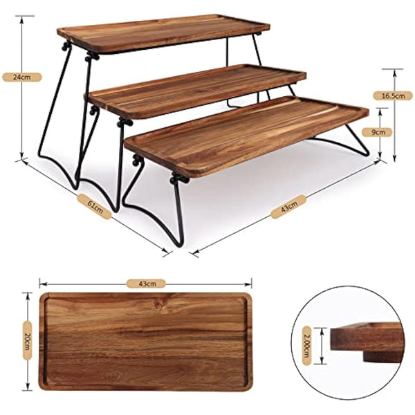 3 Tier Dessert Display Stand, Cupcake Stand & Towers Serving Tray Set, Portable Foldable Food Display Stand, Tiered Chees Charcuterie Boards, Acacia Wood Trays, for Outdoor, Party, Picnic, Dinner