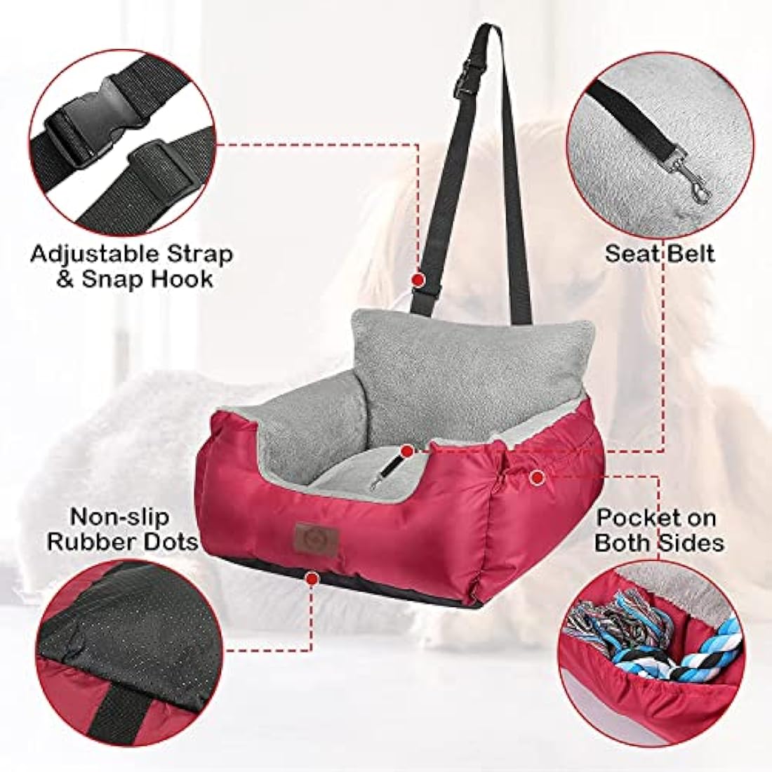GoFirst Dog or Cat Booster Seat - Travel Car Bed with Storage Pocket, Clip-On Safety Leash, Waterproof Warm Plush, Red