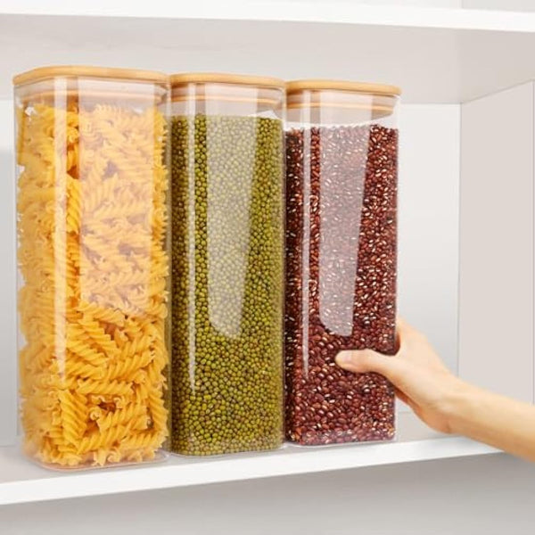 Finew 2100ml Glass Storage Jars with Lids, 3 Pack Airtight Glass Jars & Canisters, Square Spice Jars for Pasta Flour Spices Cookie Sugar Tea Coffee Beans