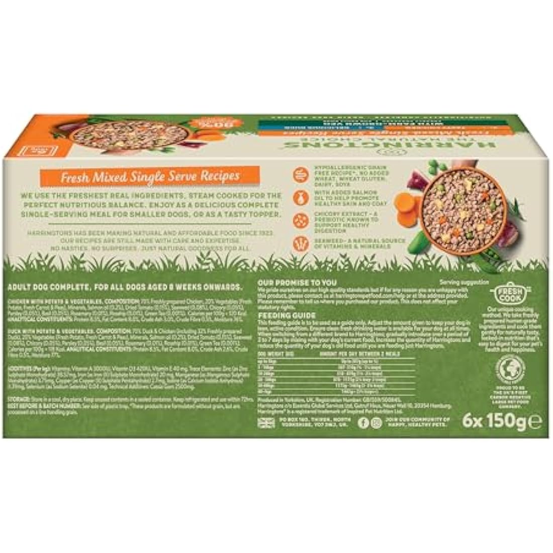 Harringtons Complete Wet Tray Grain Free Hypoallergenic Adult Dog Food Mixed Pack 6x150g - Chicken & Duck - Made with All Natural Ingredients
