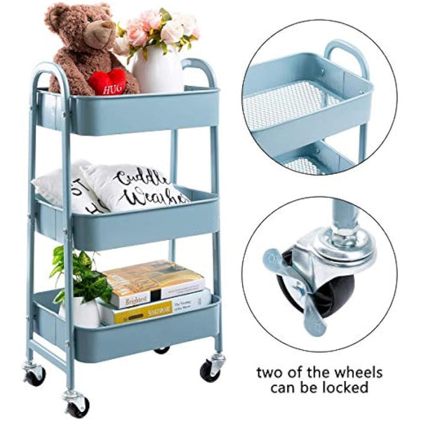 DOEWORKS Storage Trolley on Wheels Metal 3-Tier Kitchen Trolleys Craft Trolley Beauty Trolleys Rolling Utility Storage Cart for Books Room Bathroom Office, Grey-Blue