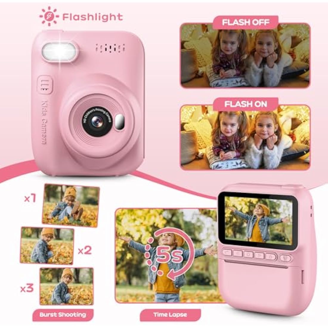 GREENKINDER Kids Camera Instant Print, 3.0'' Large Screen Instant Camera for Kids, 1080P Kids Digital with 32GB Card & 3 Rolls Print Paper, Gift Toy Selfie for Girls Age 3-12, Pink