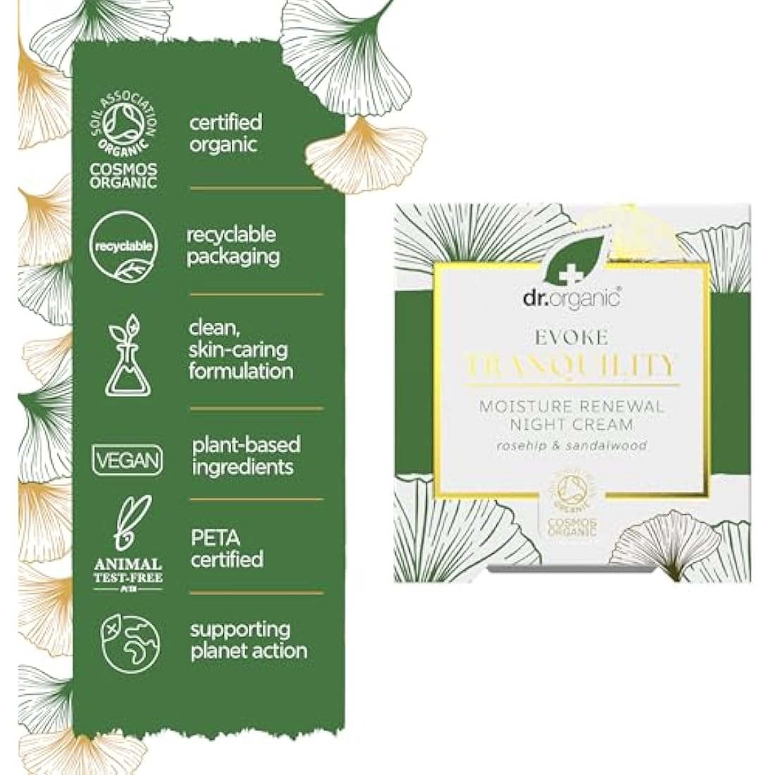 Dr Organic Evoke Tranquility Moisture Renewal Night Cream, Rich Moisturiser for Soft, Smooth Skin, with Rosehip & Sandalwood, Certified Organic, 50ml