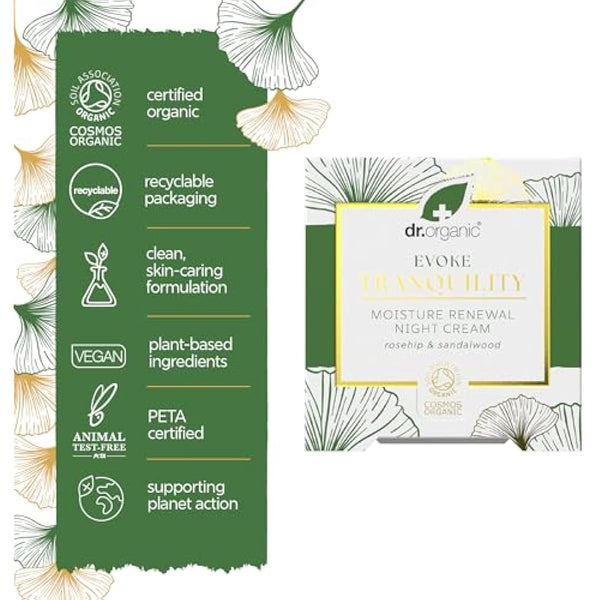 Dr Organic Evoke Tranquility Moisture Renewal Night Cream, Rich Moisturiser for Soft, Smooth Skin, with Rosehip & Sandalwood, Certified Organic, 50ml
