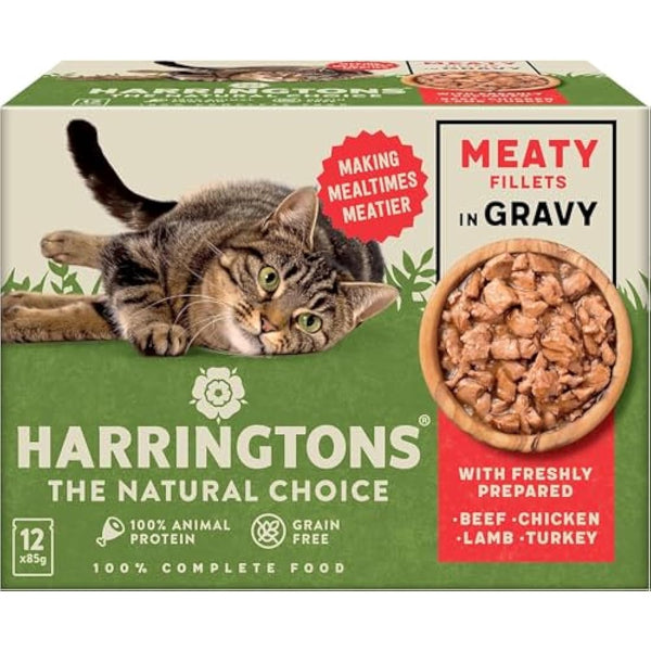 Harringtons Complete Wet Pouch Grain Free Hypoallergenic Adult Cat Food Meaty in Gravy Pack 72x85g - Beef, Chicken, Lamb & Turkey - Making Mealtimes Meatier
