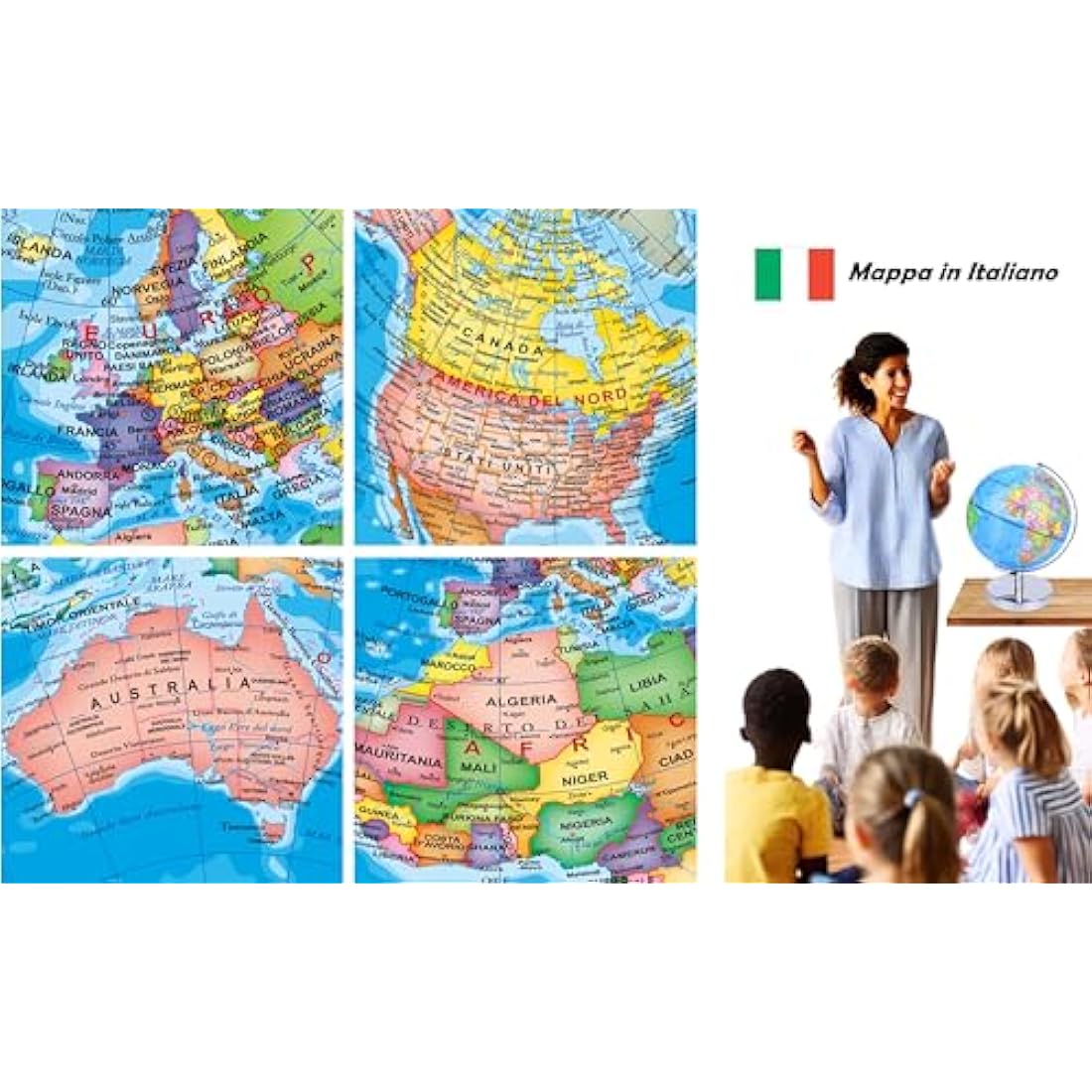 EXERZ 23 cm illuminate globe metal base - Italian Map - student globe with wire-free LED lighting, political map (time of day), constellation stars (night)