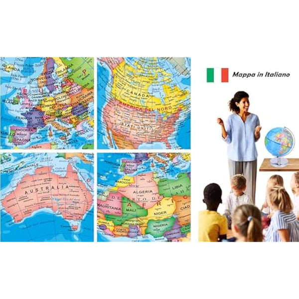 EXERZ 23 cm illuminate globe metal base - Italian Map - student globe with wire-free LED lighting, political map (time of day), constellation stars (night)