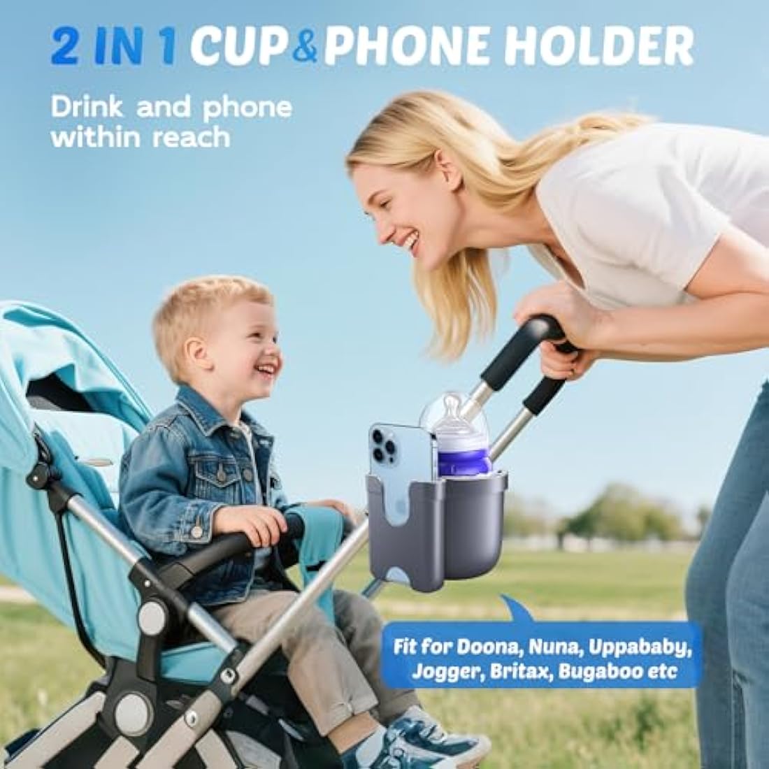 Guiseapue Pram Cup Holder: Universal Drink Coffee Cup Holder with Phone Holder Organiser for Stroller, Pushchair, Buggy, Bike, Wheelchair, Walker, Baby Essentials for Newborn, Gifts for Women, Mom