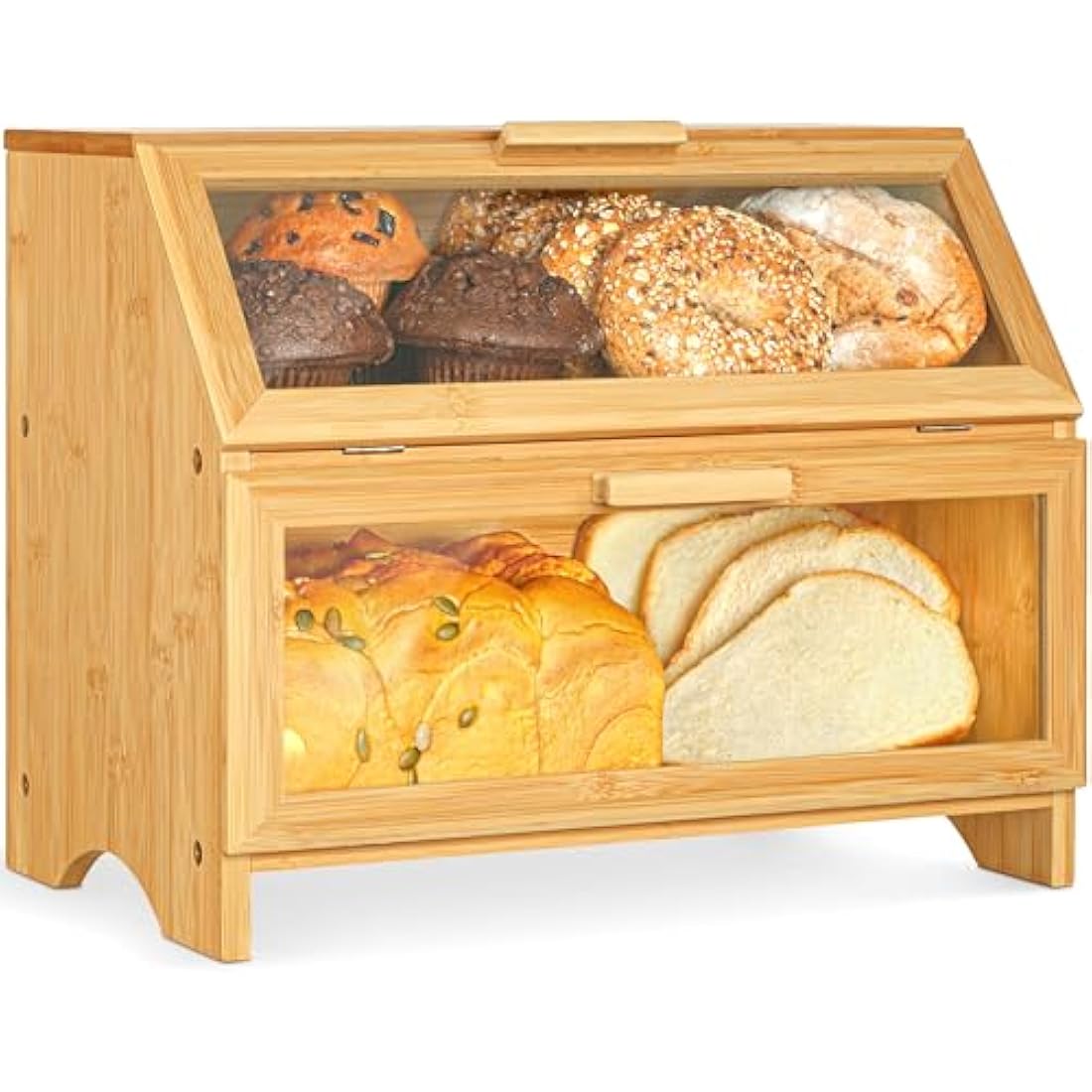 Golden Nature Double Layer Bamboo Bread Box for Kitchen Countertop - Large Wooden Storage Box w/Clear Display Windows - Food Keeper for Muffins, Bagels & Cookies