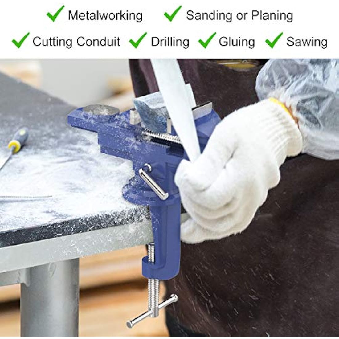 Housolution Universal Table Vice 3 Inch, 360° Swivel Base Bench Clamp Home Repair Tool - Portable Work Bench for Woodworking, Cutting Conduit, Drilling, Metalworking - Blue