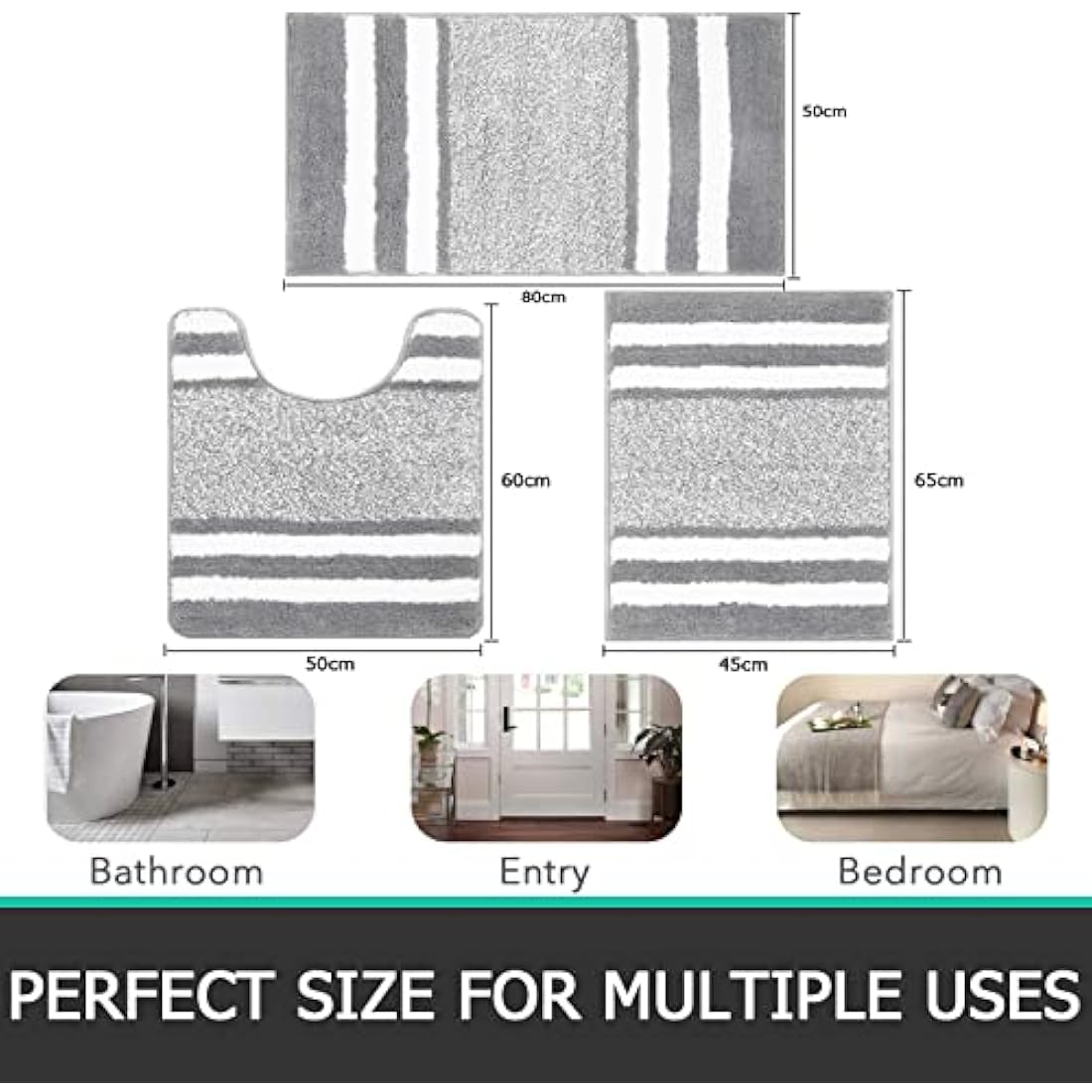 Pauwer Bath Mat Set 3 Pieces Bathroom Mat and U-Shape Toilet Mat Set Microfiber High Density Soft Water Absorbent Bath Rug Non slip Shower Rugs for Bathroom