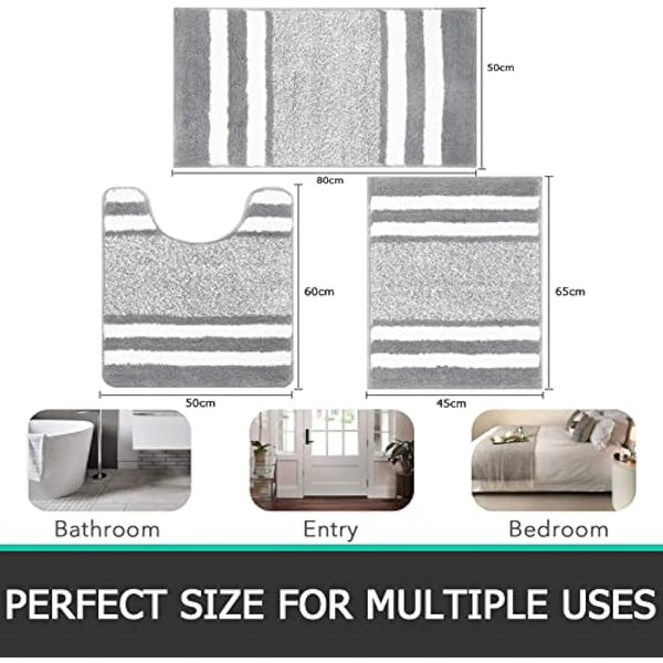 Pauwer Bath Mat Set 3 Pieces Bathroom Mat and U-Shape Toilet Mat Set Microfiber High Density Soft Water Absorbent Bath Rug Non slip Shower Rugs for Bathroom