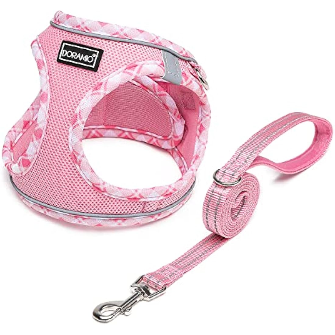 DORAMIO Step-in Dog Harness and Leash Set, Soft Mesh No-Chock Reflective Breathable Easy Walk Lightweight Vest Harnesses with Safety Buckle for Small Dogs, Cats, Puppies (Pink, XL)