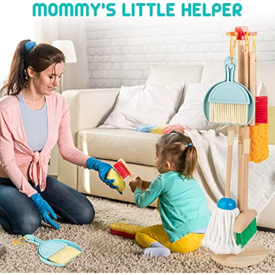 HELLOWOOD Kids Cleaning Set, 8 pcs Housekeeping Pretend Play Set Includes Broom Mop Duster Dustpan Brushes Rag and Organizing Stand, Cleaning Toys for Toddlers Girls Boys Age 3-6, Real Beech Wood