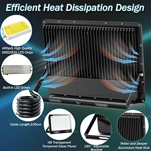 YIQIBRO 300W LED Floodlight Outdoor, 30000LM 6500K Outdoor Flood Lights Super Bright LED Security Light, IP67 Waterproof Spotlight for Garden, Garage, Yard, Factory, Warehouse