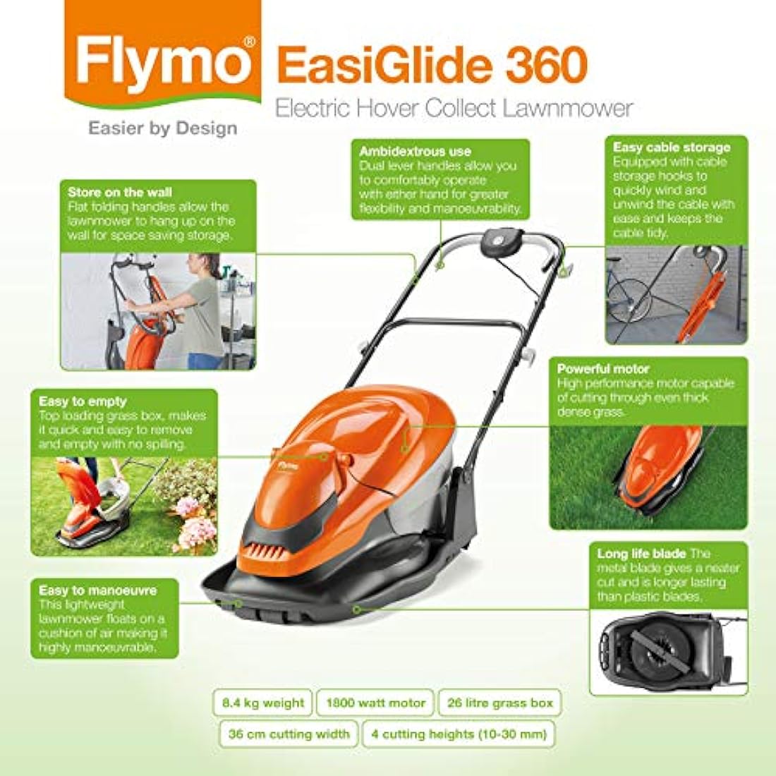 Flymo EasiGlide 360 Hover Collect Lawn Mower - 2000W Motor, 36cm Cutting Width, 26 Litre Grass Box, Folds Flat, 10m Cable Length, Orange and Grey