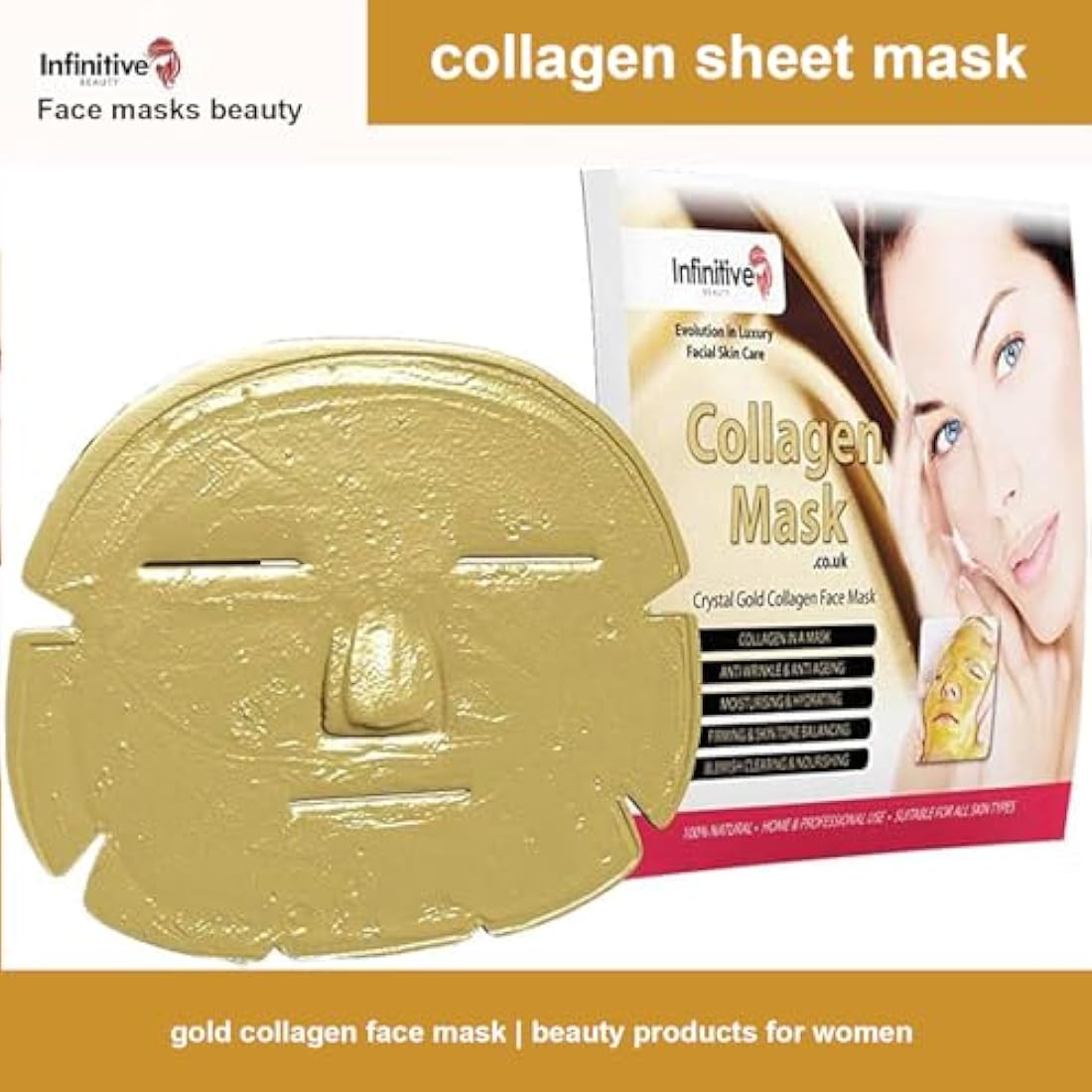 50 x Infinitive Beauty 24K Gold Collagen Crystal Face Mask – Anti-Aging Gel Sheet Mask for Wrinkles, Hydration, and Skin Firming, 10-Pack, Professional Facial Skincare Treatment