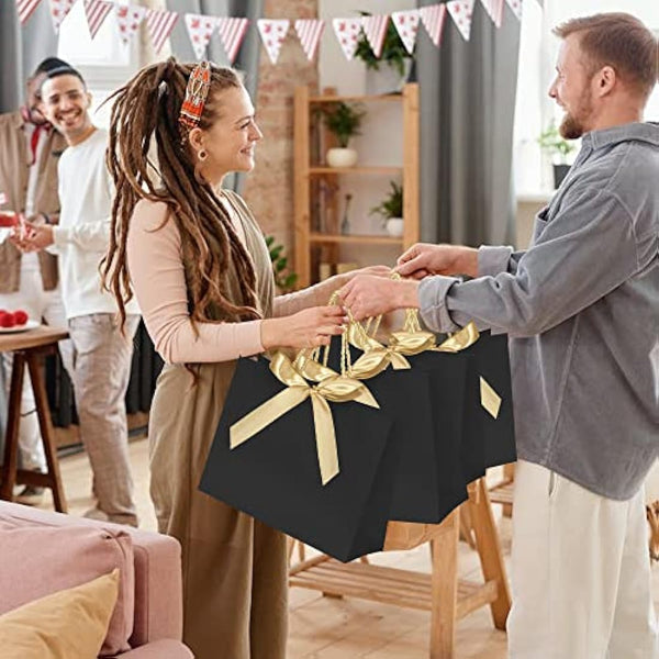 10pcs Gift Bag With Gold Ribbin Luxury Paper Party bag With Handles For Wedding Birthday Baby Shower Halloween Christams((32 * 25 * 10cm, Black)