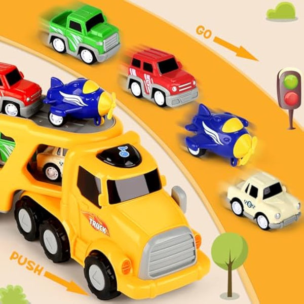 Aoskie Toy Cars for 3 4 5 Year Boys, Car Transporter Toy, Carrier Truck with 4 Pull Back Car Toys, Vehicle Playset Gift for Toddlers Girls Age 3-5 Birthday Gift Christmas Party Favors