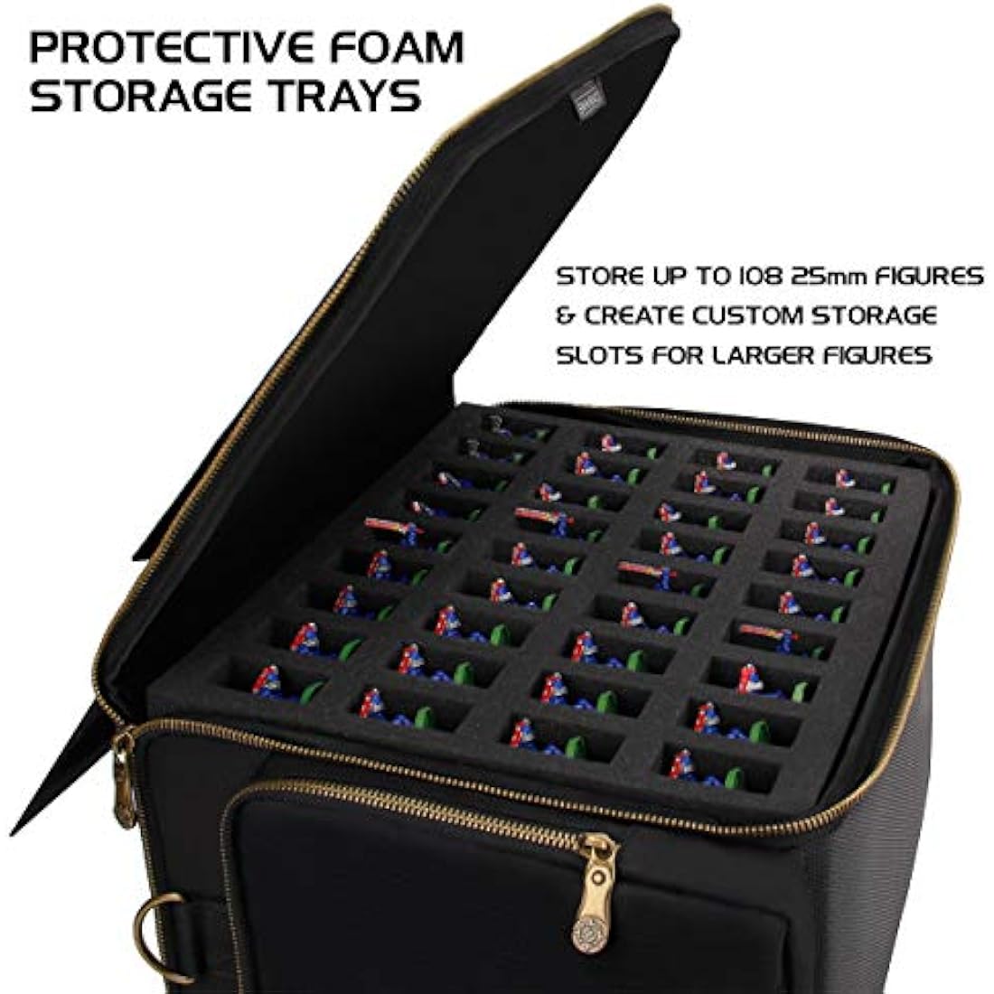 ENHANCE Portable Miniature Figure Storage and Carrying Case, 4 Foam Layers fits 108 Infantry Minis and Pick and Pluck - Book Sleeve and 2 Accessory Pockets for Measuring Tape, Dice and More