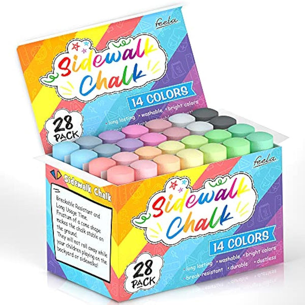feela 28 Pack Jumbo Chalks for Children, 14 Coloured Sidewalk Chalks for Kids Toddlers, Pavement Outdoor Chalk Set for Painting on Sidewalk School Chalkboard Blackboard Street Playground