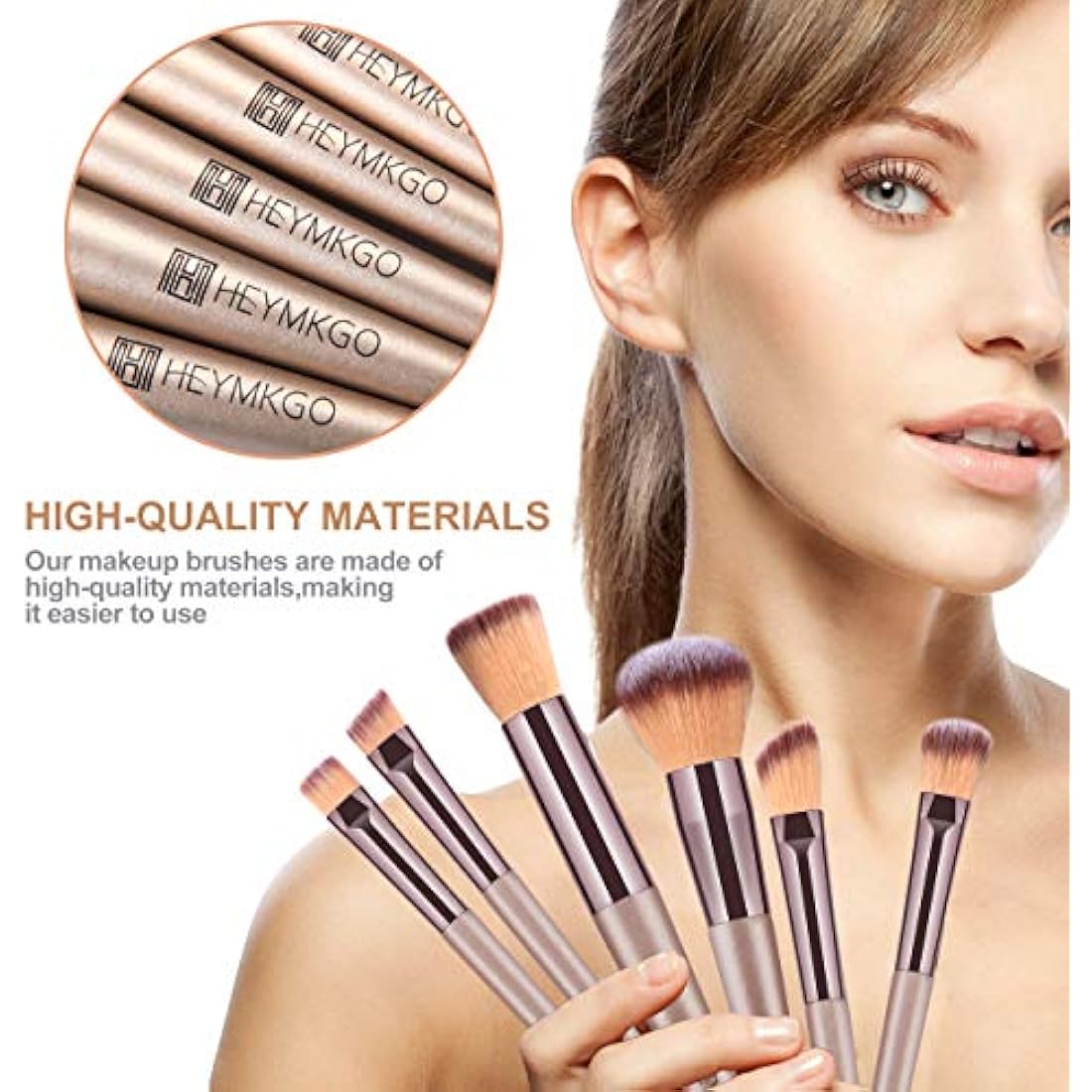 HEYMKGO Makeup Brushes, 15 Pcs Make Up Brushes Set Professional Champagne Gold Makeup Brush Pack, Foundation Blending Powder Blush Concealers Eyeshadow Eyeliner Make-up Brush Kits with Cosmetics Bag