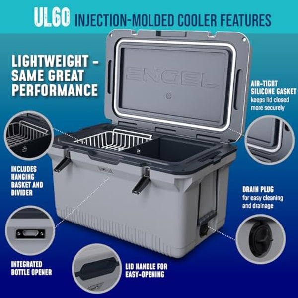 ENGEL Ultra-Light 56.8 L Cooler Box - Injection Molded Cool Box Large Enough for 80 Cans, Keeps Ice up to 7 Days, Camping Cooler Suitable for Picnics, Festivals, Beach & Travel, 75 x 45.7 x 43.2 CM