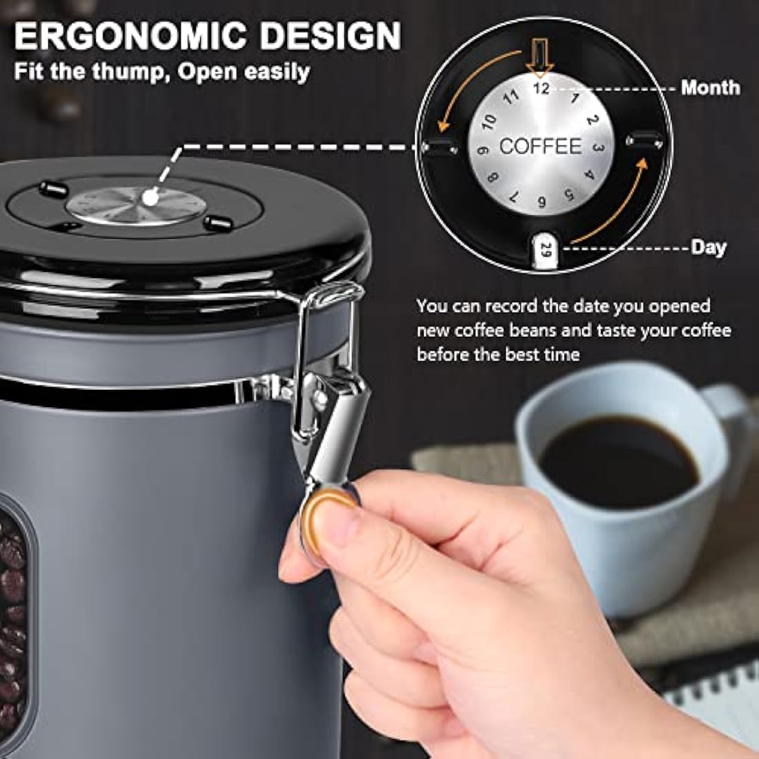 2800ML Airtight Coffee Canister with Date Tracker and Transparent Window, 35OZ Coffe Beans Storage with 30ML Measure Spoon&4 co2 Valve, Coffee Container for Grounds Coffee, Beans, Tea, Sugar&Flour