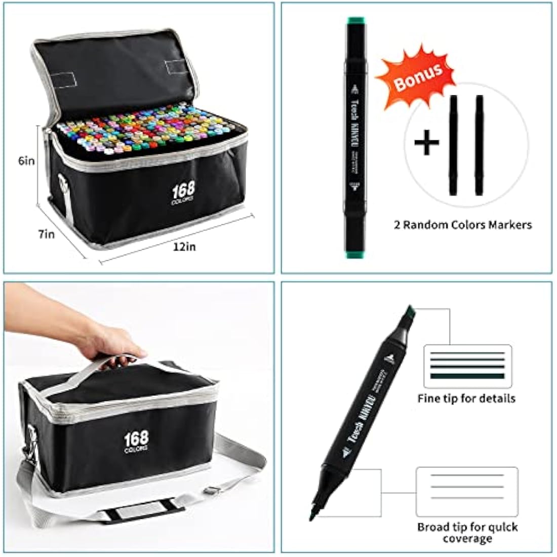 SOSINYA 168 Colours Dual Tip Art Markers Set, Felt Tip Pens for Adults, Permanent Alcohol Marker Pens for Drawing,Sketching,Anime,Manga with Carrying Case and Storage Base