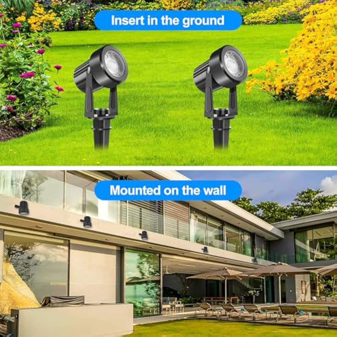 NATPOW Garden Lights, Garden Spot Lights Mains Powered, Warm White LED Outdoor Landscape Spike Lights with Adapter, IP65 Waterproof 5V Spotlights for Lawn, Driveway,Party(6-in-1)