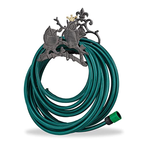 Relaxdays Garden Hose Holder, Cast Iron, Owl, Nostalgic Hose Reel, Wall-Mounted, HxWxD: 23 x 24 x 15 cm, Grey