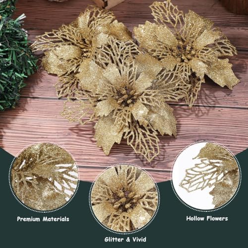 12pcs Glitter Poinsettia Christmas Artificial Flowers Christmas Tree Floral Ornaments Decorations Xmas Tree Pendant Christmas Wreath Filler (Golden)