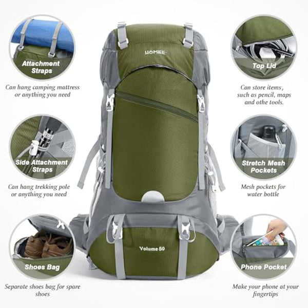 HOMIEE 50L Waterproof Hiking Backpack for Men Women, Lightweight Trekking Backpack with Rain Cover, Large Camping Rucksack for Outdoor Sports Travel Hiking Cycling Climbing Mountaineering