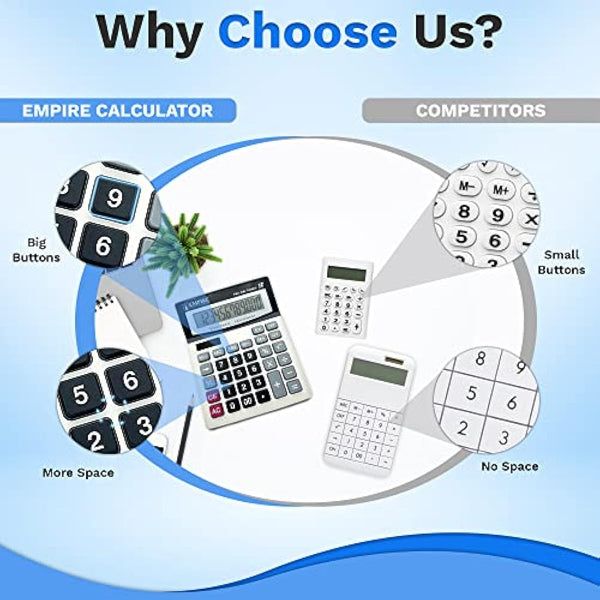 Empire Desk Calculator with Large Key Buttons, 12 Digits, Large Eye-Angled Display, Solar and Battery Powered for Home and Office (Included 2 Battery, 2 Pen and 1 Rubber)