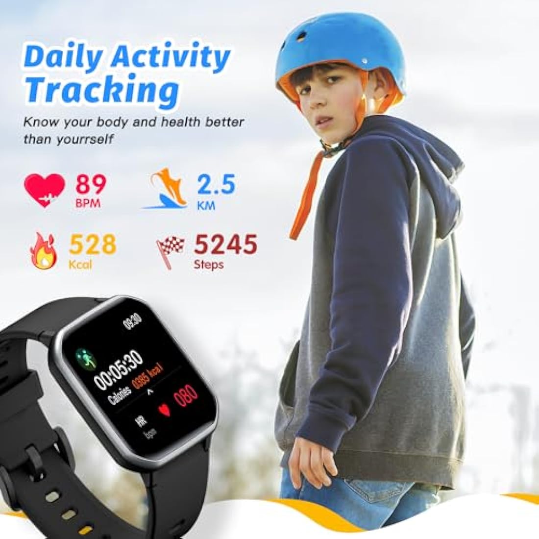 Kids Smart Watch for Boys,IP68 Waterproof Kids Fitness Tracker Watch with 1.5 Inch DIY Face,Heart Rate Sleep Monitor,19 Sport Modes,Calories Counter,Alarm Clock,Great Gifts for Children 6+ (Black)