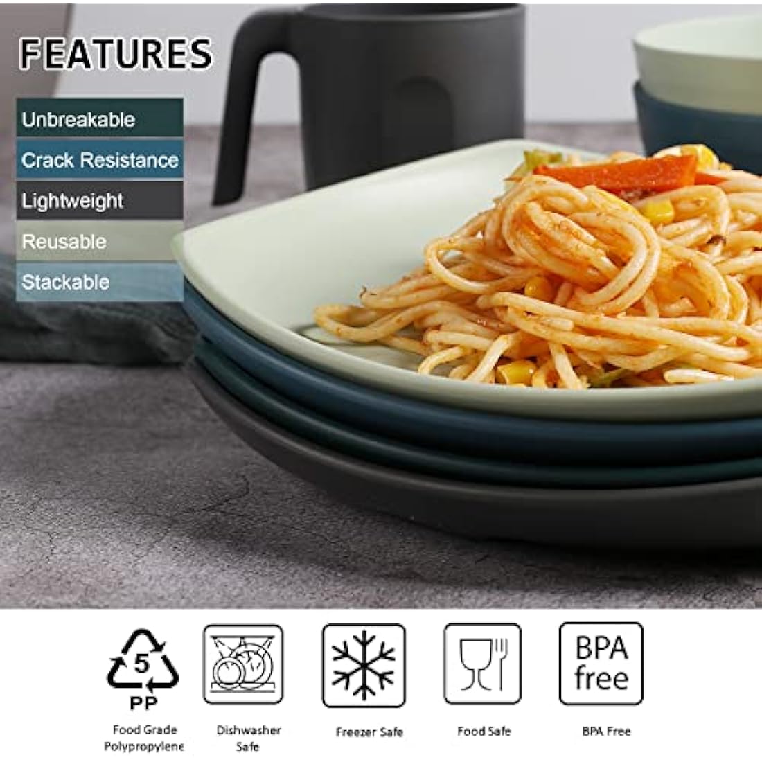 Greentainer Unbreakable Lightweight Dinnerware Sets, Plastic Dinner Set, 4 Dining Plates, 4 Bowls, 4 Cups, Microwave and Dishwasher Safe, Camping Tableware for Kids and Adults, Service for 4